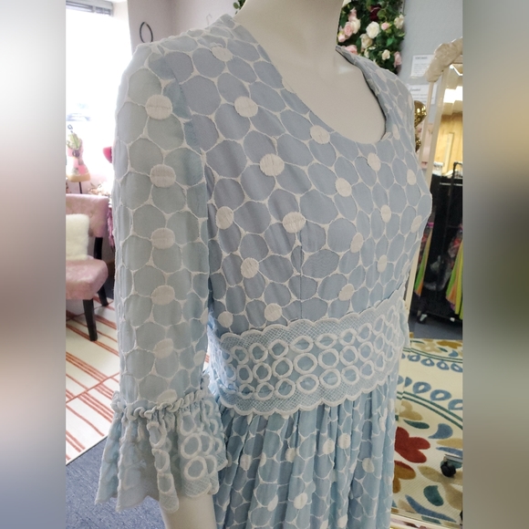 Vintage late 60s, Early 70s Baby Blue Embroidered Eyelet Circle Maxi Dress - Picture 9 of 16